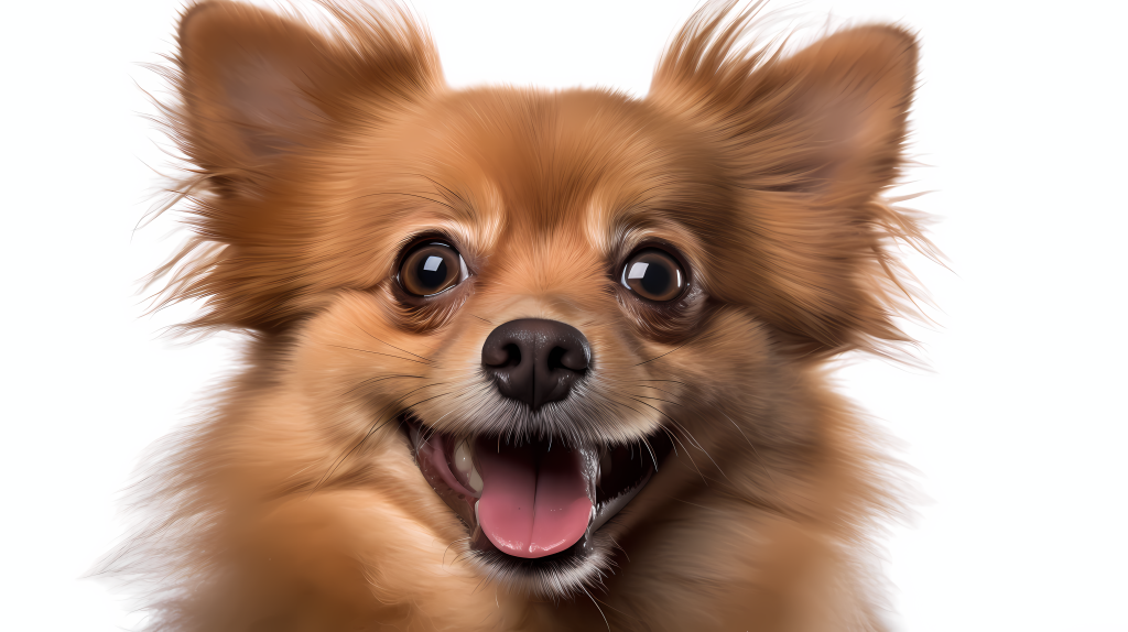 波美拉尼亚幼犬微笑着仰望着镜头的摄影图片