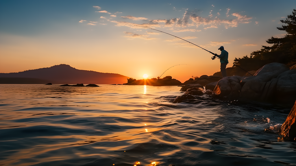 夕阳下的海边钓鱼人摄影图片