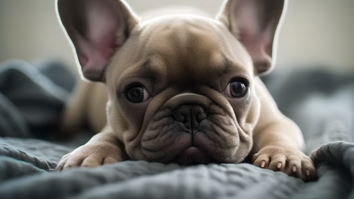 法国斗牛犬宝宝在灰色的床上休息的摄影版权图片下载