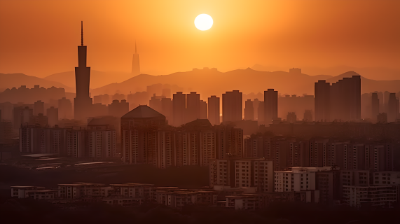 城市天际线上升的太阳摄影图片