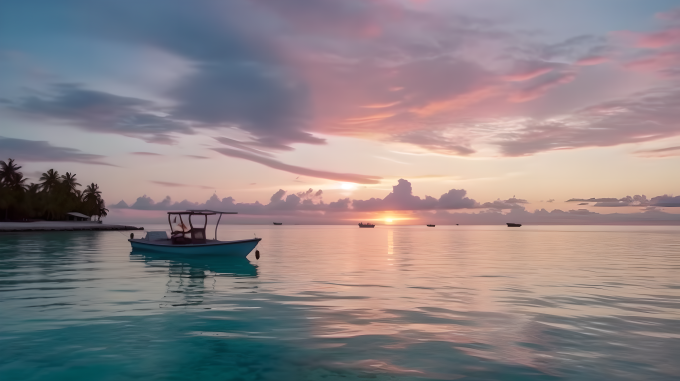 马尔代夫日出时的海上小船摄影图