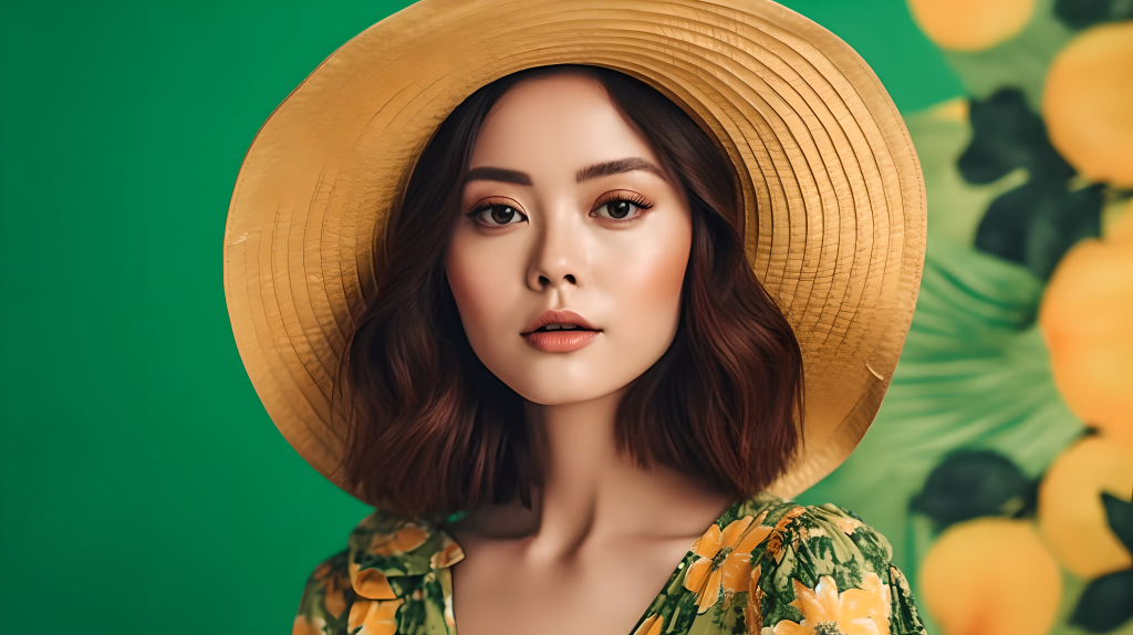 绿裙草帽美女摄影图版权图片下载