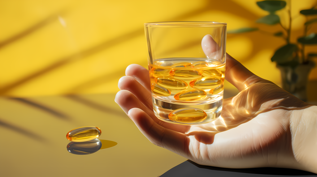 手中拿着玻璃杯的人类手中的鱼油丸子版权图片下载