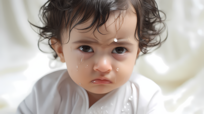 哭泣中的婴儿白床摄影图片