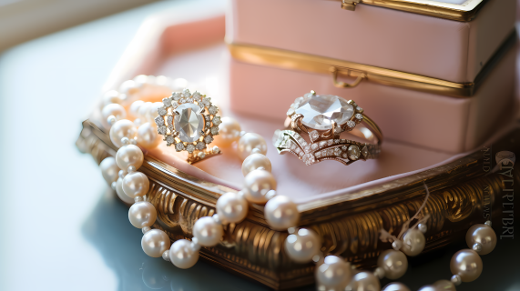 复古优雅的订婚戒指项链珍珠戒指盒摄影图片
