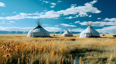 广袤的牧场上飘扬着轻盈的天蓝色和浅银色色调的蒙古包摄影图