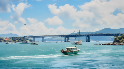 蓝色海洋香港与香港之间的桥梁摄影图片