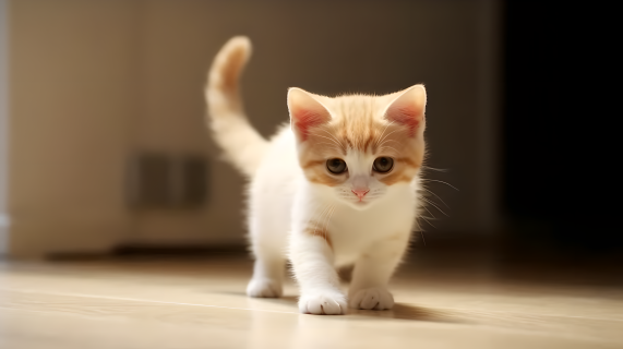 橙白小猫在地板上行走的摄影图片
