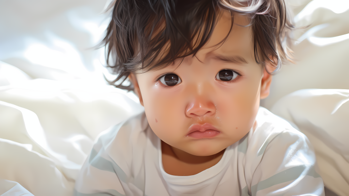 哭泣中的婴儿床白色床单摄影版权图片下载