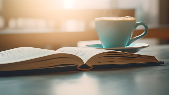 柔和边缘书本旁一杯咖啡的摄影图片
