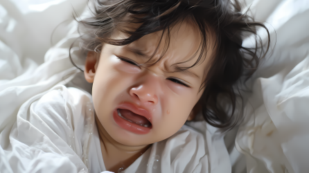 白床上哭泣的婴儿摄影图片