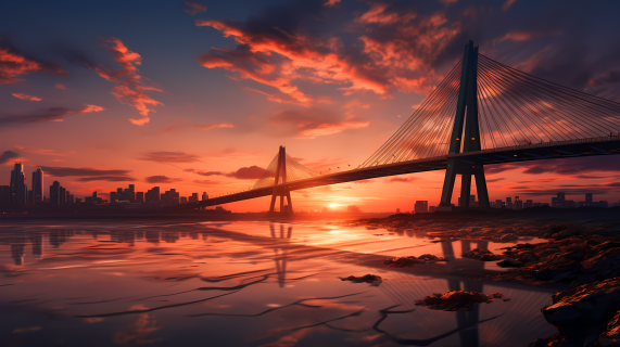夕阳下的桥梁穿越一条河摄影图