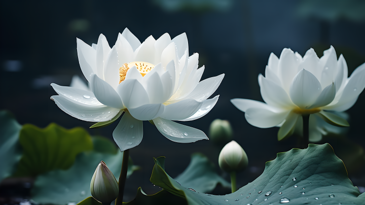 自然主题悲情色彩的白色莲花摄影图版权图片下载