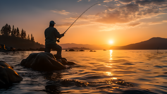 日落海边渔夫垂钓摄影图片