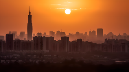 太阳升起的城市天际线摄影图片