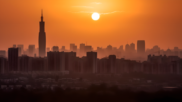 太阳升起的城市天际线摄影版权图片下载