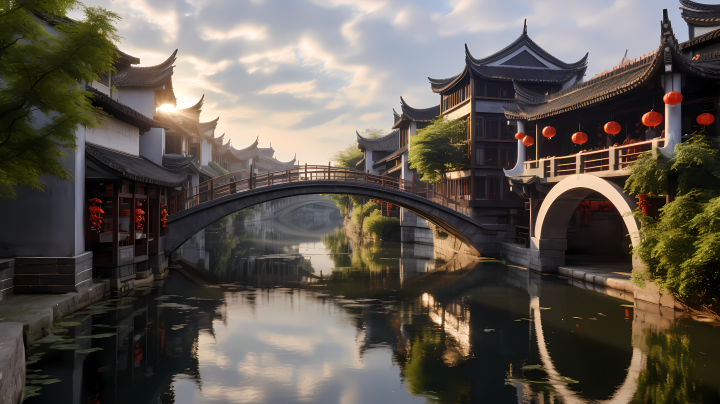 广东天津拱门下的传统建筑在日落下的摄影图版权图片下载