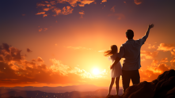 日落中父亲抱着女儿的摄影图片