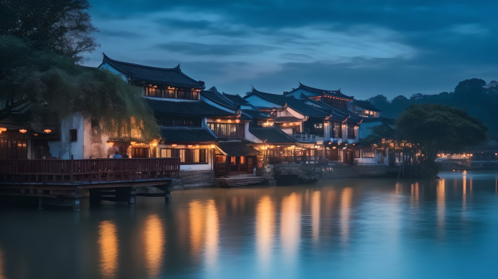 中国暮色中的河边客栈摄影图版权图片下载