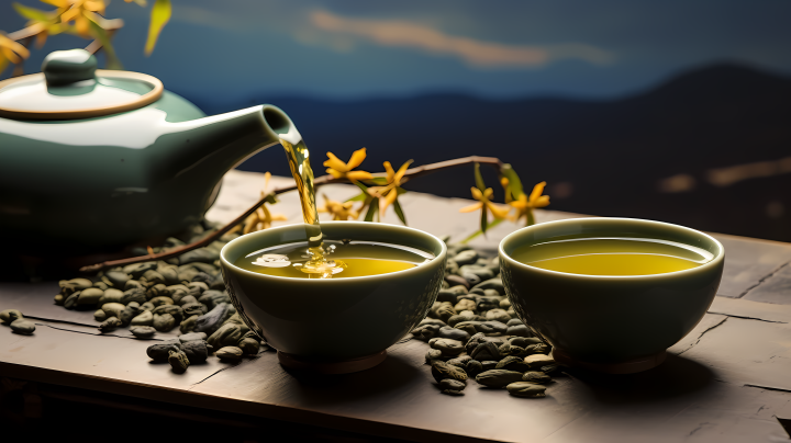 闪亮碎金修复的绿茶健康益处摄影图版权图片下载