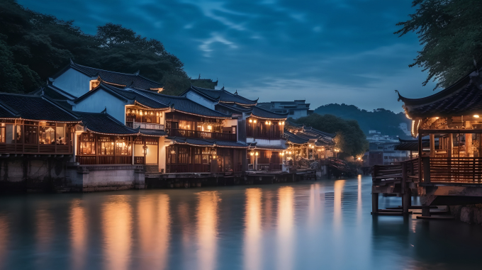 黄昏时的中国河边客栈摄影图片