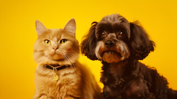黄背景下的两只毛绒猫和一只狗的摄影图片