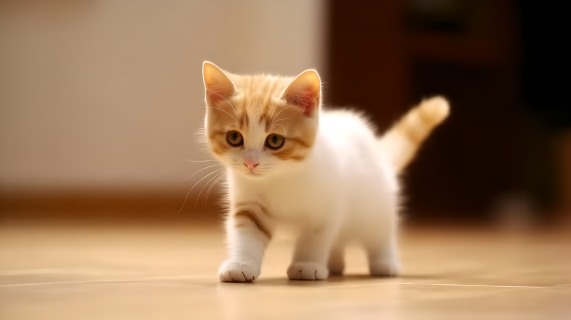 橘白小猫走在地板上摄影图