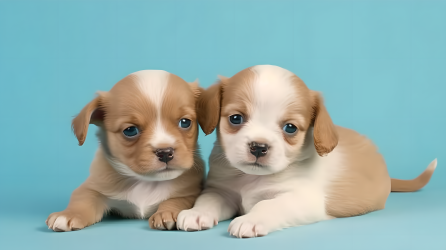 两只小狗躺在蓝色背景上的摄影图片