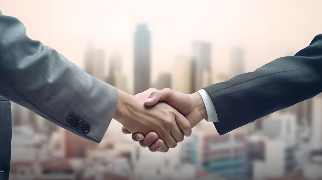 商务伙伴亲密握手的城市背景摄影图