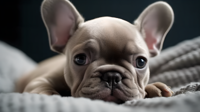法国斗牛犬幼犬休息在灰色床上的摄影图片