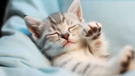 蓝床上小猫熟睡的摄影图片