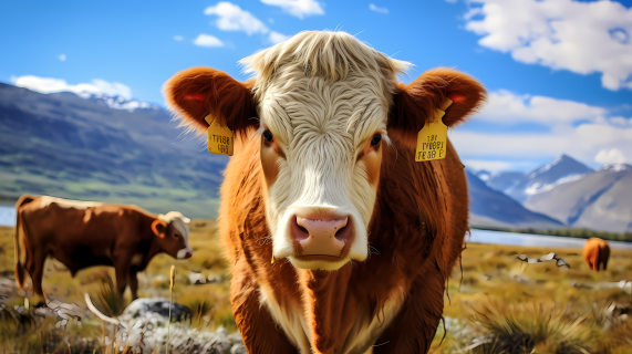 大自然中的挪威黄色和深红色的农场牛摄影图片