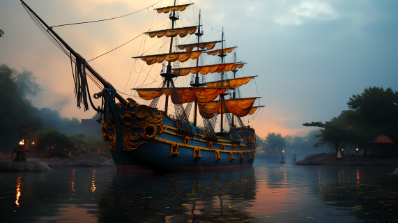 迪士尼世界彩木雕红金黑海盗船摄影图片