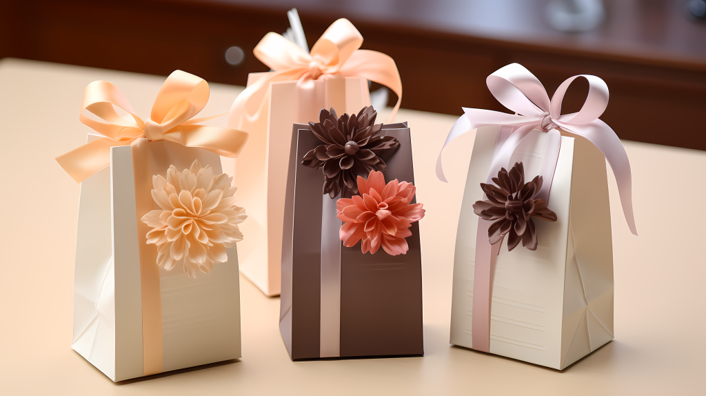 纸袋、卡片和粉色丝带花束的摄影图片