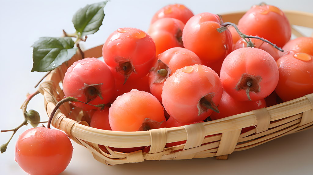 温暖染色纹理下的白色表面上的柿子篮子摄影版权图片下载