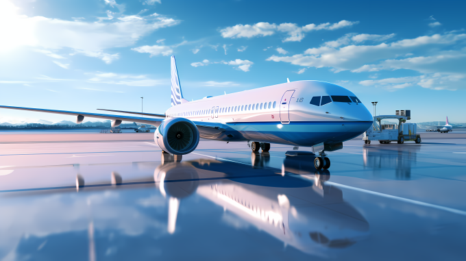 客机停在停机坪上蓝天的背景下摄影图片