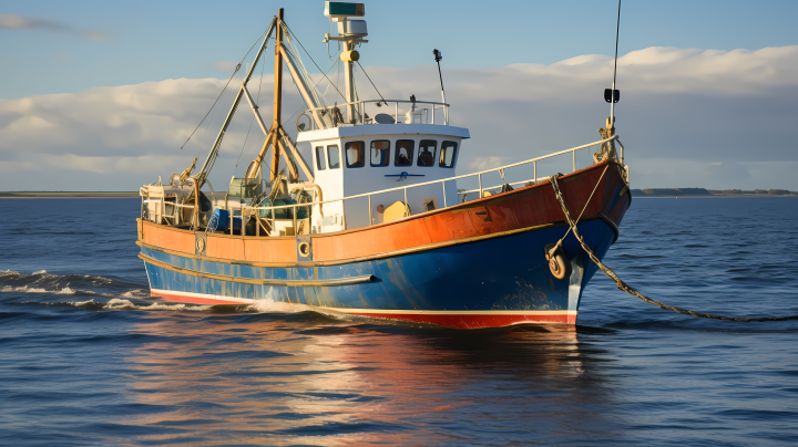 深蓝色渔船在开放海域的摄影版权图片下载