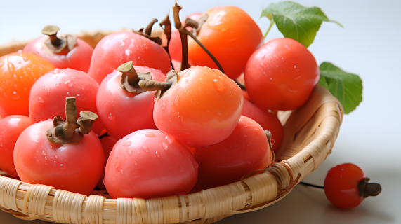 红白相间的柿子篮子摄影图