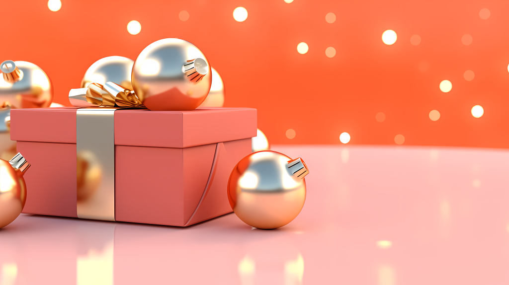 红盒子金色球在粉色背景下摄影版权图片下载