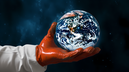 太空手套在红色画布上握住地球的摄影图片