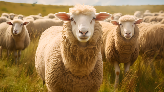 工友的温暖眼神：羊儿在牧场的摄影图