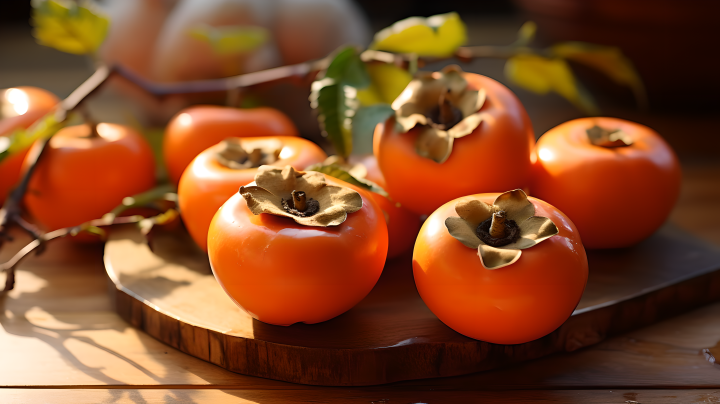 日本风格的木制盘子上摆放着橙色柿子的摄影版权图片下载
