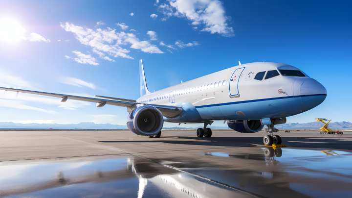 客机停在停机坪上，蓝天作为背景的摄影版权图片下载
