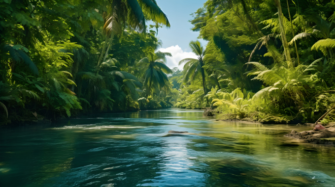 白色河流绿树热带植被摄影图片