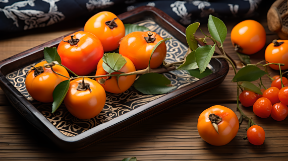 温暖日系风格的木制碟子上的橘色柿子摄影图片