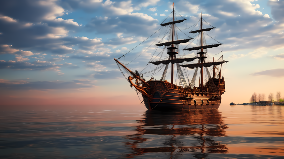 蓝天下的大型木质海盗船摄影图片