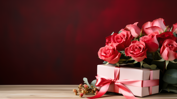 红玫瑰粉色蝴蝶结礼品盒摄影图