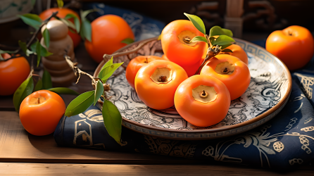 日式橘柿木盘摄影图片