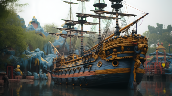 迪士尼世界彩色木雕黑海盗船摄影图片