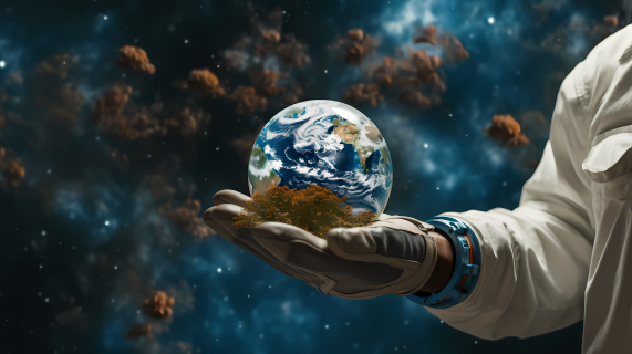宇航员戴着太空手套在红色画布上握着地球的摄影图片